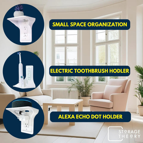 Outlet Shelf With Cord Storage Strap To Declutter Counter Space And No Wall Damage, smart device holders shown in living room