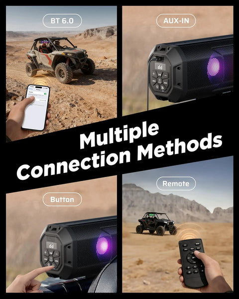 26 Inch Six Speaker UTV Sound Bar With Bluetooth And RGB And Strobe Lights For Golf Carts And ATVs, showing various connection options.