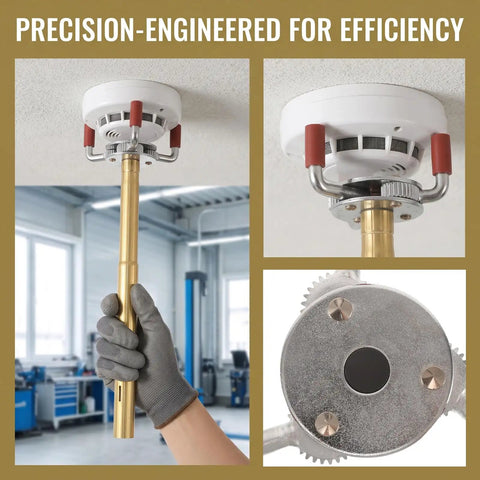 Professional Smoke Transducer Removal Tool With Extended Steel Rod And Secure Jaw Grip to replace ceiling fire sensors in schools.