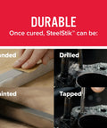 Image showing the durability of steel-reinforced repair putty being sanded, drilled, painted, and tapped.