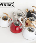 Collection of stovetop tea kettles with ergonomic handles and tempered glass lids in various colors, including red and white.