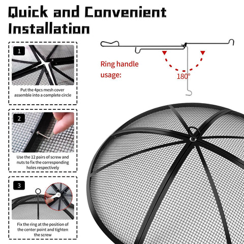 Installation guide for 24 Inch Fire Pit Spark Screen With Foldable Hook And Marshmallow Sticks, showing assembly and ring handle use.