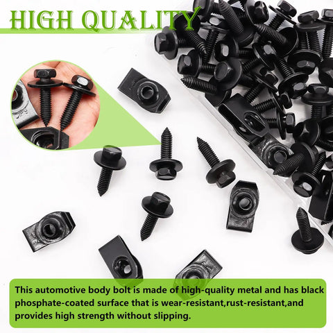 50 Pcs One Quarter Inch U Nut Clips And Hex Head Automotive Body Bolts Kit scattered with close-up inset showing quality
