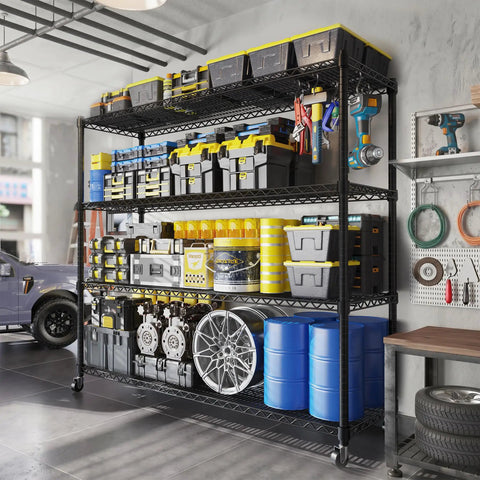 Heavy Duty Garage Shelving With Wheels Four Tier Metal Storage Rack Holds 2480 Lbs Adjustable Pantry Shelves For Kitchen And Garage 75.62 H X 24.02 D X 55.52 W Easy Roll filled with tools and supplies