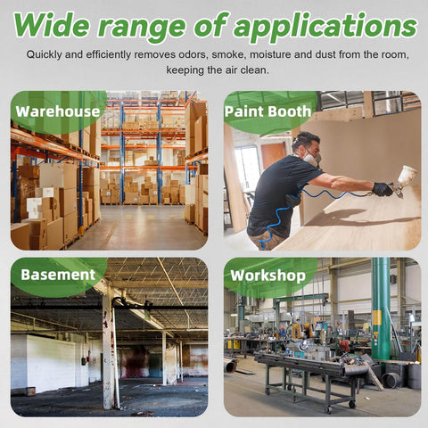 Applications of 8 Inch Utility Blower Exhaust Fan in warehouse, paint booth, basement, and workshop environments.