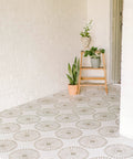 Floor decorated with Reusable 12x12 Tile Stencil Set 2 Pack For Floors Walls And Concrete, Large Boho Mandala Templates.