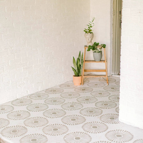 Floor decorated with Reusable 12x12 Tile Stencil Set 2 Pack For Floors Walls And Concrete, Large Boho Mandala Templates.