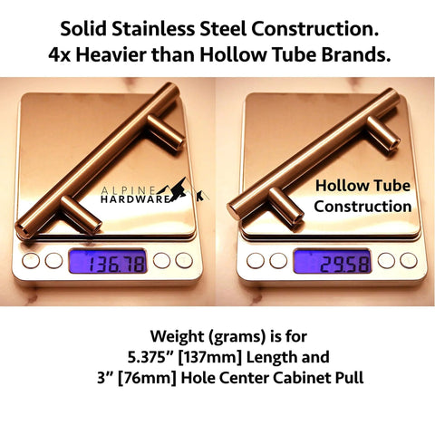 Comparison of solid stainless steel Euro bar cabinet handle drawer pull and hollow tube on scale showing weight difference.