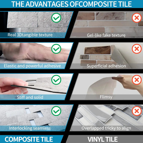 Comparison of composite tile vs vinyl tile features with 10 Pack Peel And Stick Backsplash Tiles With Realistic 3D Stone Texture In Natural White For Kitchen, Bathroom, Fireplace And Vanity, Mess Free And Easy To Install, Heat And Moisture Resistant, No Grout Needed.