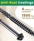 Close-up of Fourteen By Four Inch Wood Structural Screws Exterior Hex Head Lag Screws Black Heavy Duty, highlighting anti-rust coating