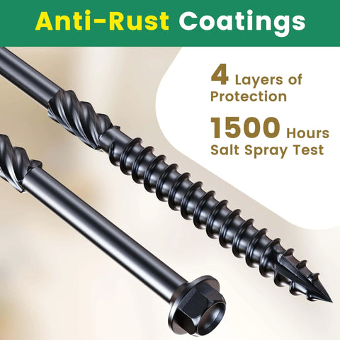 Close-up of Fourteen By Four Inch Wood Structural Screws Exterior Hex Head Lag Screws Black Heavy Duty, highlighting anti-rust coating