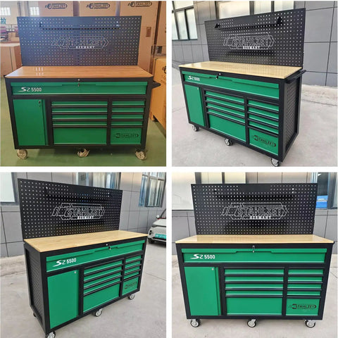 Heavy-Duty 11-Drawer Tool Cabinet With Solid Wood Workbench Top And Pegboard Backwall in green and black, front view