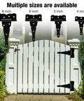 4 sizes of black decorative barn door hinges on a white gate, featuring 6 Pack Heavy Duty 8 Inch T Strap Barn Door Hinges 2.5mm Thick Steel