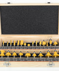 Badass Durability 24 Piece 1/4 Inch Shank Router Bits Set For Swift Precision Woodworking in wooden case with black foam.