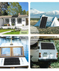 10 Pack Flexible Monocrystalline Solar Panels 100 Watts Each mounted on a house, RV, tent, and boat for off-grid power.