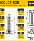 M6 X 20mm Flat Head Hex Socket Cap Screws And Barrel Nuts Kit dimensions for furniture assembly, featuring detailed size measurements.