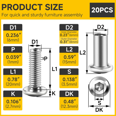 M6 X 20mm Flat Head Hex Socket Cap Screws And Barrel Nuts Kit dimensions for furniture assembly, featuring detailed size measurements.