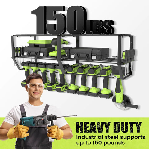 Heavy Duty Wall Mounted Power Tool Organizer with 3 Tier Iron Garage Rack, 10 Drill Slots, supports up to 150 lbs visible in use.