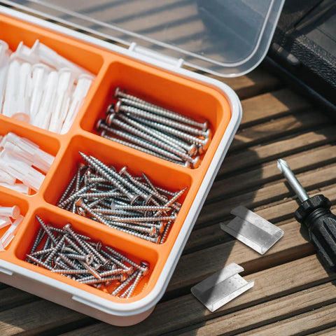 Heavy Duty Steel Strapping Buckle Seals 1kg Pack Pet Banding Clips with screws and wall anchors in organizer box