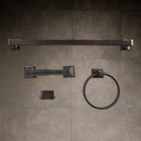 Classic Oil Rubbed Bronze Bathroom Accessories Set 4 Piece Wall Mounted Hardware Include Robe Hook Toilet Paper Holder Towel Ring And 24 Inch Towel Bar Heavy Duty Metal Construction on tiled wall.