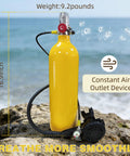 Compact 2L Scuba Tank Kit With Backpack And Regulator Hands Free Portable Dive Cylinder shown on rocky shore background