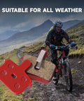 Four Pairs Durable Resin And Semi Metal Disc Brake Pads With Retaining Springs For Mountain Bikes And Electric Mountain Bikes High Bite Quick Break In Low Disk Wear, showing pads and a mountain biker in wet terrain.