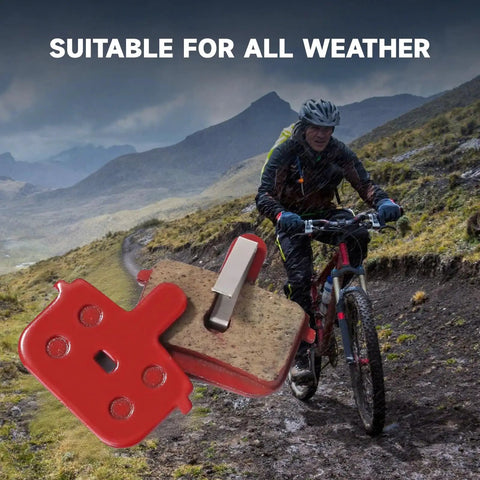 Four Pairs Durable Resin And Semi Metal Disc Brake Pads With Retaining Springs For Mountain Bikes And Electric Mountain Bikes High Bite Quick Break In Low Disk Wear, showing pads and a mountain biker in wet terrain.