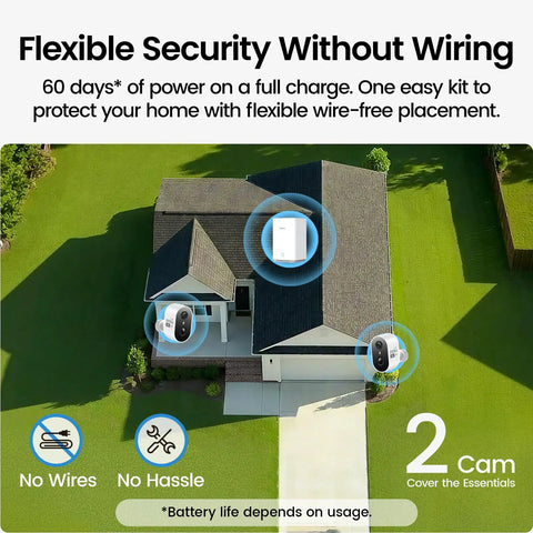 Top view of house illustrating Wireless Outdoor Security Cameras 2K HD With Color Night Vision Long Battery Life featuring 2 cam kit.