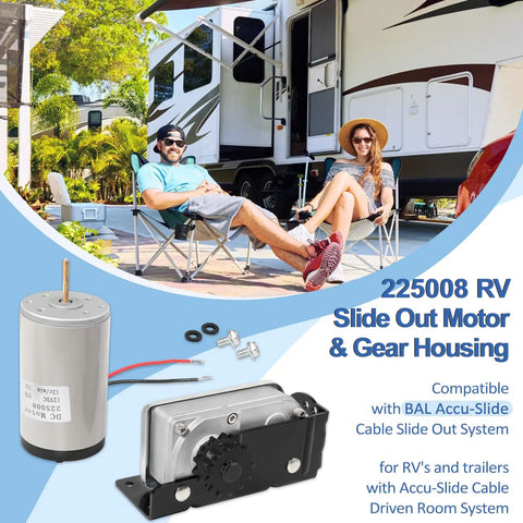 225008 RV Slide Out Motor And Gear Housing Replacement displayed with campers by an RV, showing motor and gear housing parts.