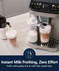 Straight Up Premium Automatic Espresso Machine With Integrated Milk Frother with dual frother and coffee drinks.