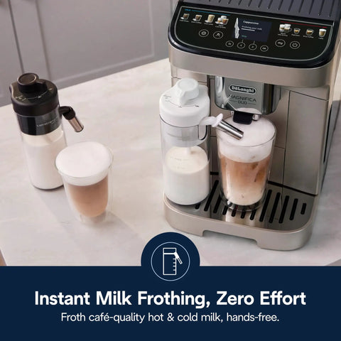 Straight Up Premium Automatic Espresso Machine With Integrated Milk Frother with dual frother and coffee drinks.