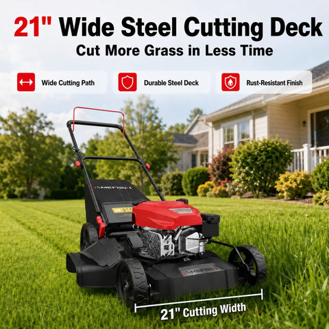 21 Inch Gas Lawn Mower With 144cc 4 Stroke OHV Engine 3 In 1 Push Mower For Yard Work Easy Start System Mulch Bag And Side Discharge, 21in steel deck