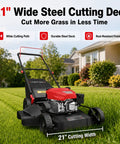 21-Inch Gas Push Lawn Mower With 144cc OHV Engine, Steel Deck, 3-In-1 Mulching Bagging Side Discharge, Easy Start Walk-Behind For Small To Medium Yards. 21-inch steel cutting deck on lawn
