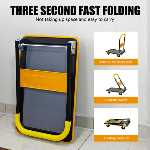 Heavy Duty Foldable Platform Hand Truck Rated At 330 Lbs With Silent Swivel Rollers That Glide Like Butter And Collapse Flawlessly For Stress Free Hauls Around Town, showing fast folding mechanism.