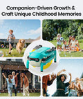 Collage showcasing Bubble Drone for Kids and Beginners with Headless Mode, Auto Rotation, Outdoor Play and Parties.
