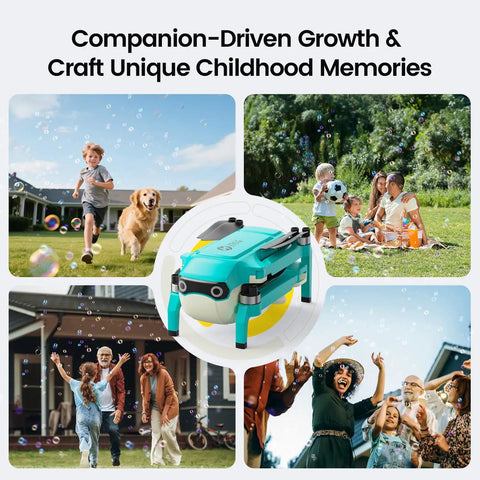 Collage showcasing Bubble Drone for Kids and Beginners with Headless Mode, Auto Rotation, Outdoor Play and Parties.