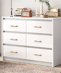 Two Pack Solid Brass Cabinet Handles In Gold Finish, 6.22 Inch Length, installed on white dresser drawers