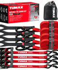 Four Piece Heavy Duty Ratchet Tie Down Straps For Truck And Motorcycle Cargo With Safety Latch Hooks and Rubber Coated Ends.