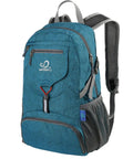 Blue ultra lightweight 20L packable daypack for travel, hiking and camping, foldable and compact, recycled nylon build