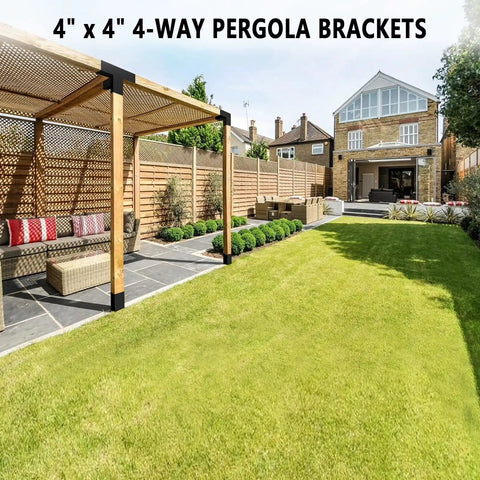 Backyard pergola with Heavy Duty 4 Way Right Corner Pergola Brackets Kit For 3.5 Inch Wood Beams And 4x4 Posts With Post Anchors.