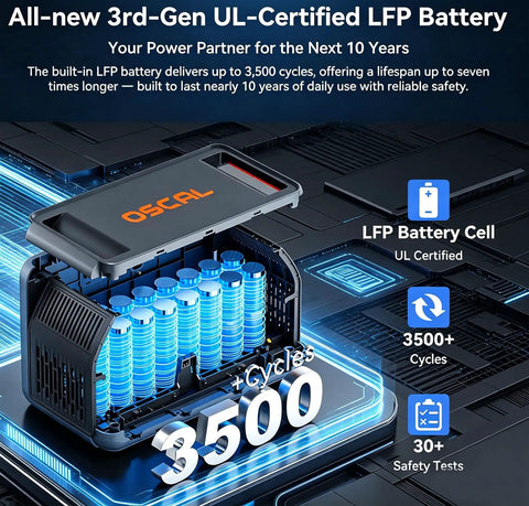 Illustration of 3rd-Gen UL-Certified LFP Battery components with 3500+ cycles and safety features.