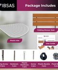 Package includes folding shower seat with no slip mat, screws, hardware, and user guide for easy mobility and safe showers.