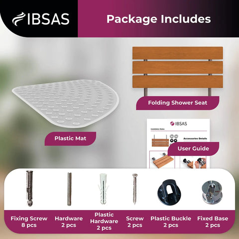 Package includes folding shower seat with no slip mat, screws, hardware, and user guide for easy mobility and safe showers.