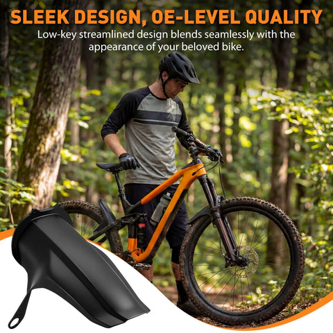 Cyclist with mountain bike and Two Pack Mountain Bike Fenders Compatible With FOX MY21 36 And 38 Forks Bolt On Mud Guards