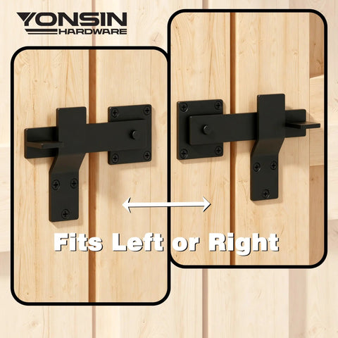 Tough As Nails 6 Inch Gate Flip Latch With Smooth 360 Degree Rotation For Barn Doors Fences And Sheds Heavy Duty Iron Construction Weather Resistant Matte Black Finish 2 Pack, showing reversible design on wooden doors.
