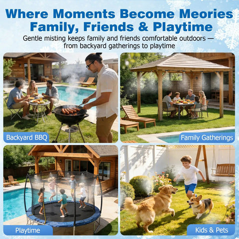 Beat The Heat Outdoor Misting System for patio cooling with eight brass nozzles in use during family BBQ and playtime