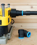 Top Shelf Dust Collection Hose Adapter Fits DW735 Series Planers connected to shop vacuum hose, showing usage for clean workshops.