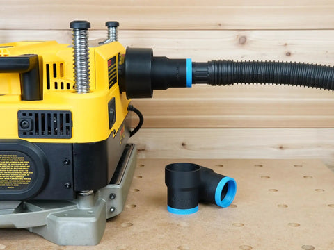 Top Shelf Dust Collection Hose Adapter Fits DW735 Series Planers connected to shop vacuum hose, showing usage for clean workshops.