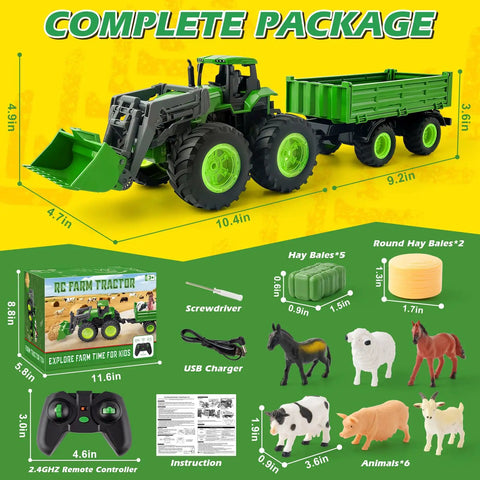 Kid Friendly Upgrade Remote Control Tractor Playset With Front Loader Trailer And Working Lights 2.4GHz RC Farm Vehicle Toys For Kids Aged 3 To 9 Years Birthday Gift shown with accessories and packaging