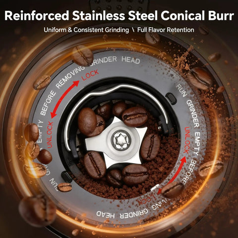Hardcore Conical Burr Coffee Grinder With 51 Precise Settings, automatic bean crusher and stainless steel conical burr.
